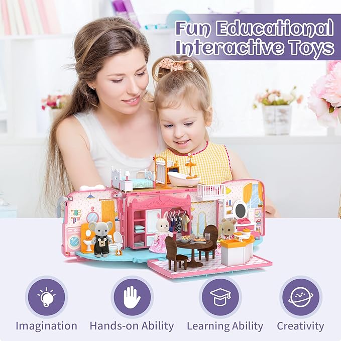 MITCIEN Dollhouse Playset, DIY Pretend Portable Caravan Camper Bus Toy Kit with Little Critters Bunny Dolls Mini Cottage House Set Camping Family Toys for Toddler 3 4 5 6 Year Old Girl