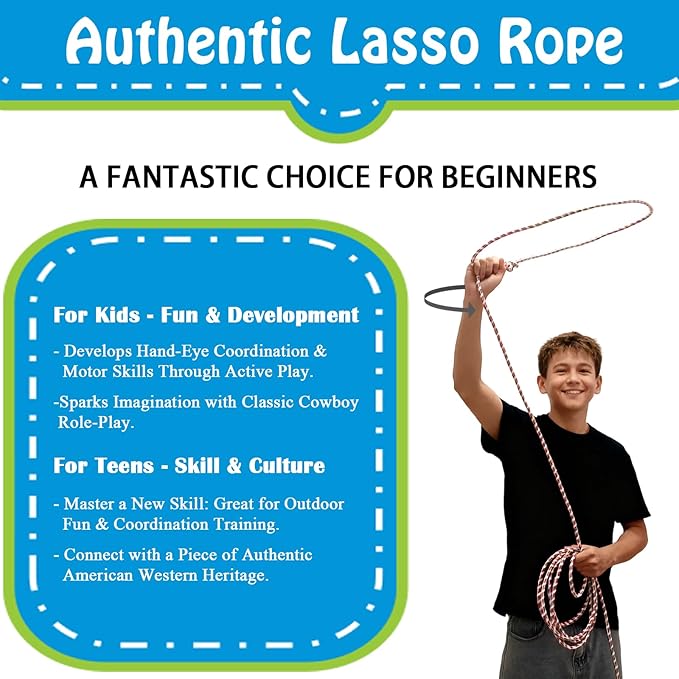 Cowboy Lasso Rope for Kids with Pre-Tied Loop, 20' - 9mm Unwaxed Lariat Roping Rope Toy for Indoor Outdoor Western Play & Costume Prop (Red Light Blue)