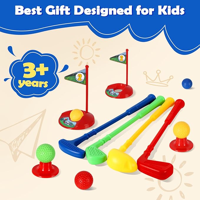 SUPER JOY Toddler Golf Set, Kids Golf Cart with 4 Clubs & 8 Balls, Indoor Outdoor Kid Golf Clubs for 3-5 Boys Girls, Mini Golf Birthday Gifts for Baby 3-5 Years Old