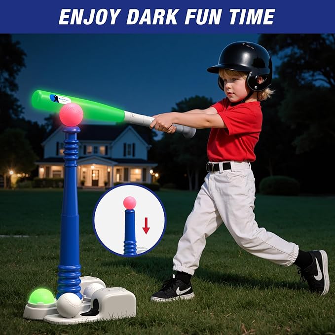 QDRAGON 2 in 1 T Ball Sets for Kids 3-5 5-8, Tee Ball Set with Automatic Pitching Machine/Adjustable Batting Bat & Stand/6 Balls, Baseball Toys Outdoor Sport for Toddlers Boys
