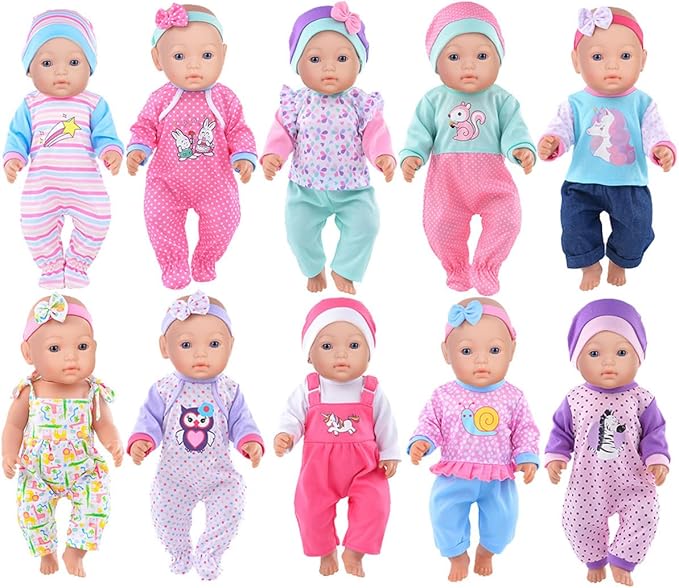 iBayda 10 Sets Doll Clothes & Accessories Include Rompers, Outfits for 14-17 Inch (35-43cm) New Born Baby Dolls (Doll Not Included)