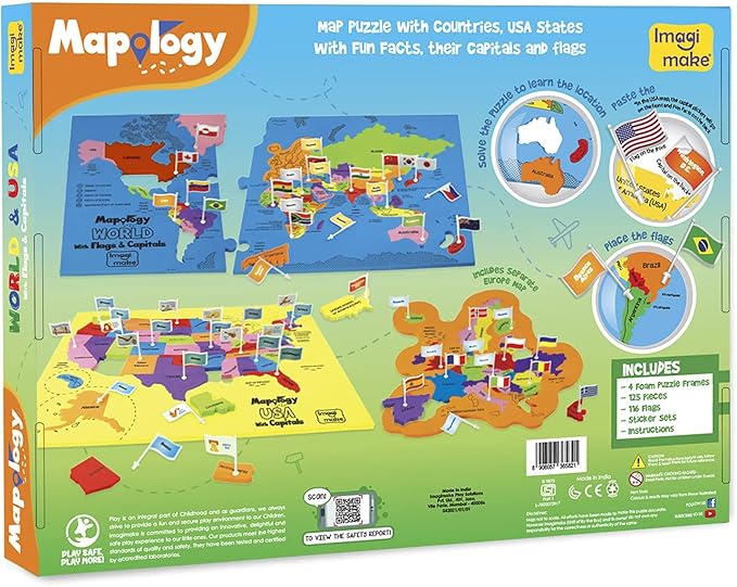 Imagimake Mapology USA & World Map Puzzle with Flags, Capitals, Stickers | Educational Toys for Ages 5-7 | Jigsaw Puzzles for Kids Ages 8-10 | Geography Toys | Easter Gifts for 6 Year Old Girl & Boy