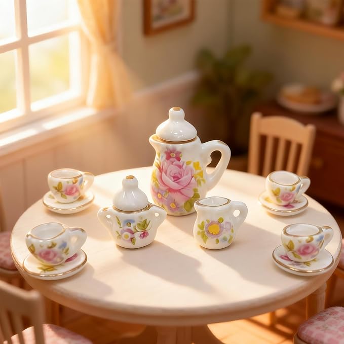 1:12 Miniature Dollhouse Porcelain Tea Cup Set 42 pcs, Kitchen Accessories Including Teapot Cup Plates, Knifes and Forks, Cakes and Desserts and a Cake Stand