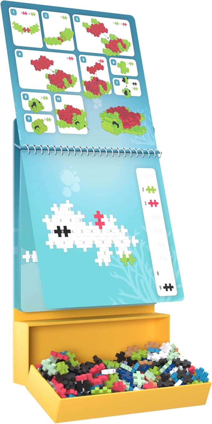 Plus Plus Puzzle By Number Activity Pad, Kids Travel Activities, Interlocking Mini Building Blocks, 3D Puzzle Stem Toy for Kids - Ocean