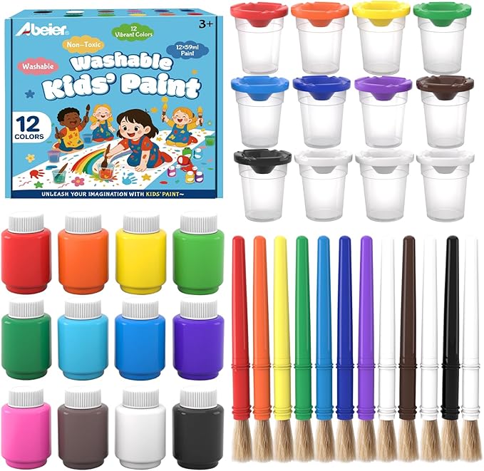 ABEIER Washable Kids Paint, Safe Non-Toxic Finger Paint, 12 Vibrant Colors(2 fl oz) with 3 Paint Brushes, Mess-Free Arts & Crafts Supplies for Toddlers & Grandkids, Ages 3, 4, 5