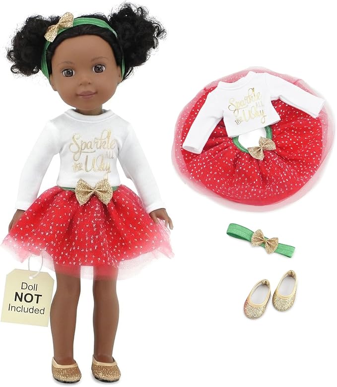 Emily Rose 14 Inch Doll Christmas Outfit 4-PC Holiday Set | Red Green Gold Sparkly Clothes | Compatible with Glitter Girls, Wellie Wishers, and Hearts for Hearts Dolls USA Brand