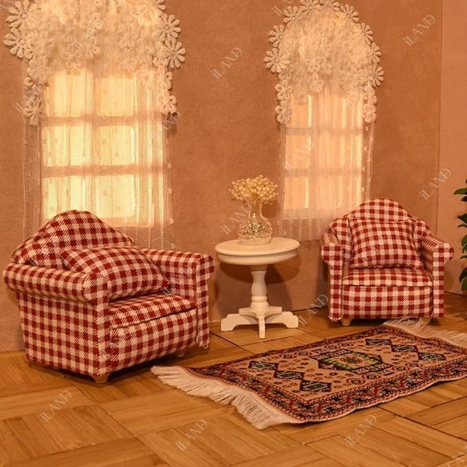 iLAND Cute Kids Toys for Girls 6-8 Lovely Dollhouse Furniture on 1/12 Scale Gingham Doll House Couch Set inc 2 Miniature Sofas 1 End Table 1 Rug Small for Girls