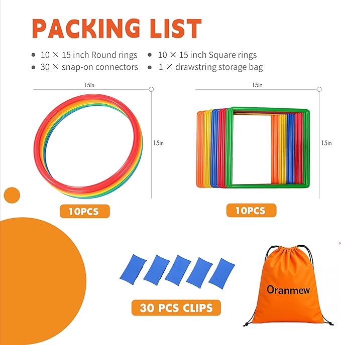 Hopscotch Rings – Hoop + Square, 2-Set – (10 Round + 10 Square, 15-inch) + 30 Connectors, Agility Rings for Kids, Gross Motor Skills, Preschool & Kindergarten PE, Playground Obstacle Course
