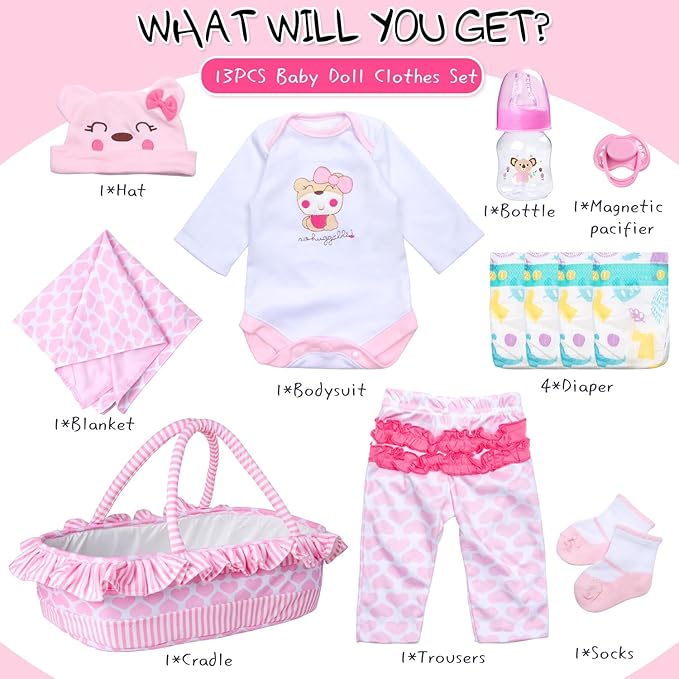 PEDOLLTREE Reborn Baby Dolls Clothes Girl Outfit Accessories Pink Little Bear 12 Pcs for 17-22 Inch Reborn Doll Newborn with Pink Heart Bassinet