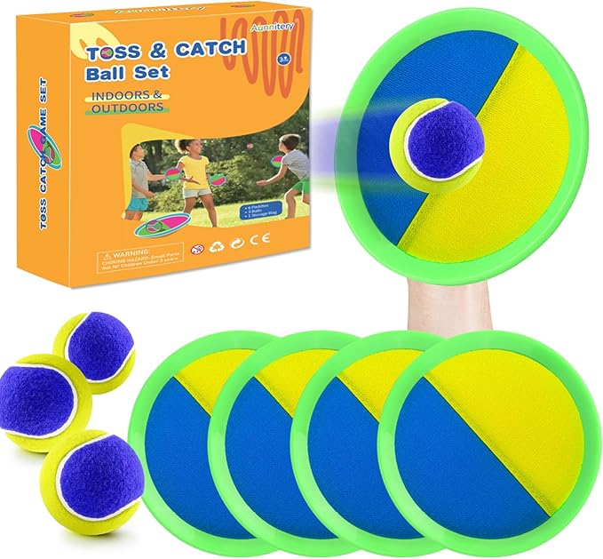 Outdoor Games - Beach Toys, Toss and Ball Set with 4 Paddles and 3 Balls, Perfect Yard Games Sets, Playground Sets for Backyards Easter Basket Stuffers for Kids/Adults/Family