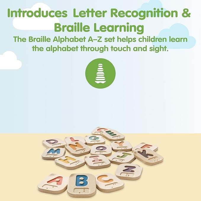PlanToys Braille Alphabet A-Z Braille-Reading Alphabet Learning Toys - 26 Sustainably-Made Traceable Wooden Tiles with Upper and Lower Case Letters and Braille