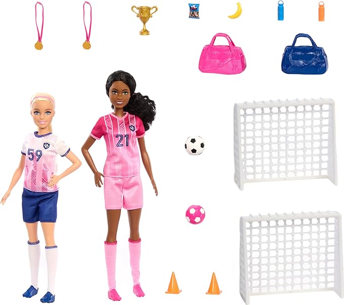 Barbie Careers Dolls & 15 Accessories, Soccer Player Playset Brooklyn” & Blonde Petite Player Dolls, 2 Nets, 2 Balls & More