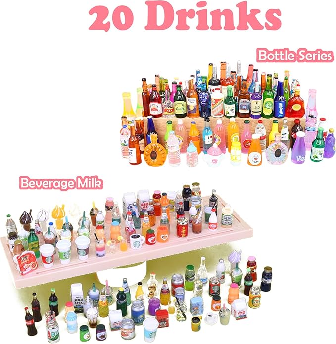 150Pcs Miniatures Food Drinks Bottles Doll House Accessories 1:12 Playset Pretend Play Kitchen Game Party Toys Mini Things Stuff Tiny Baking Travel Road Trip Toys Micro Mart Toddler Boys Girls
