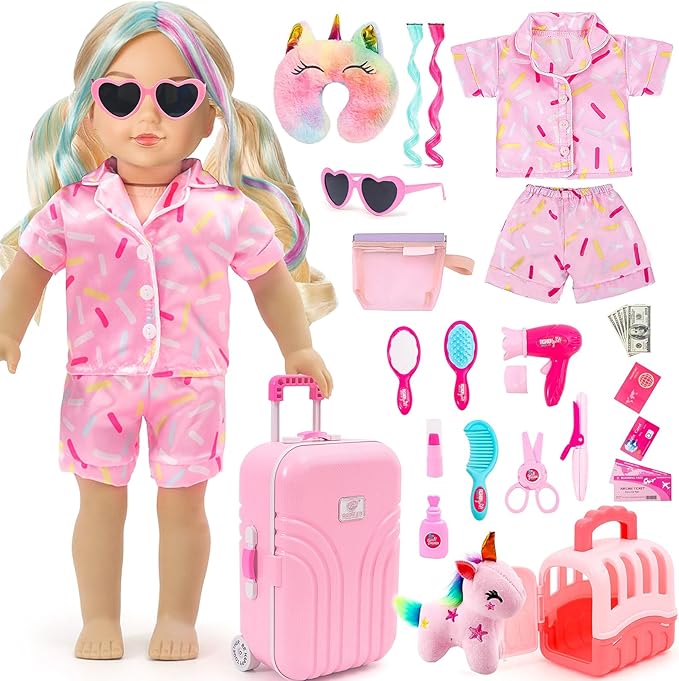 American 18 Inch Doll Accessories Sleepover Pajama Set with Travel Suitcase, Doll Accessories Bundle, Wigs, Sunglasses, U-Shaped Unicorn Pillow(No Doll)