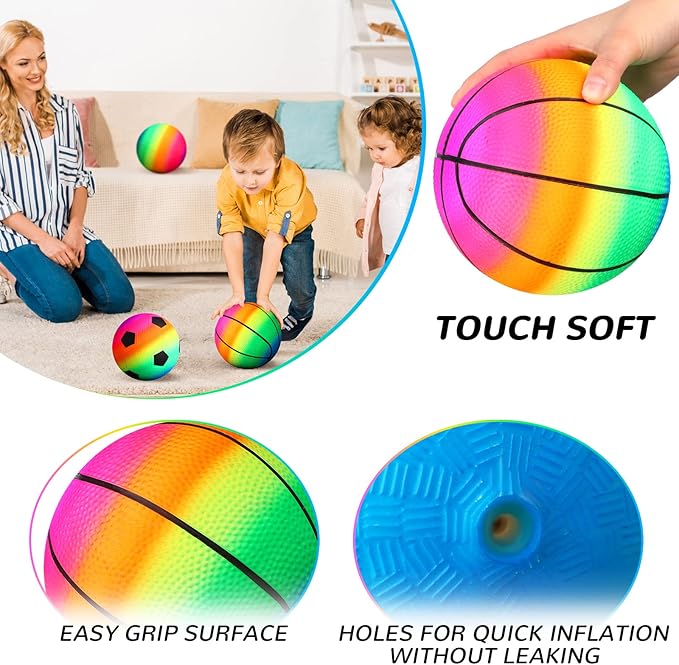 Lenwen 15 Pieces Rainbow Playground Sports Balls for Kids with 1 Hand Pump 6 Inch Inflatable Ball Basketball Soccer Kickball Dodgeball for Kids Teenagers Over 6 Indoor Outdoor Schoolyard Ball Games