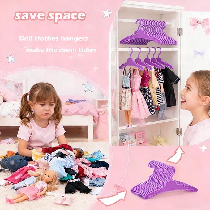 24 Pcs Doll Clothes Hangers for 18-Inch Dolls - Non-Slip, Space-Saving Wardrobe Accessories for Doll Gowns & Outfits (Purple&Rose red)
