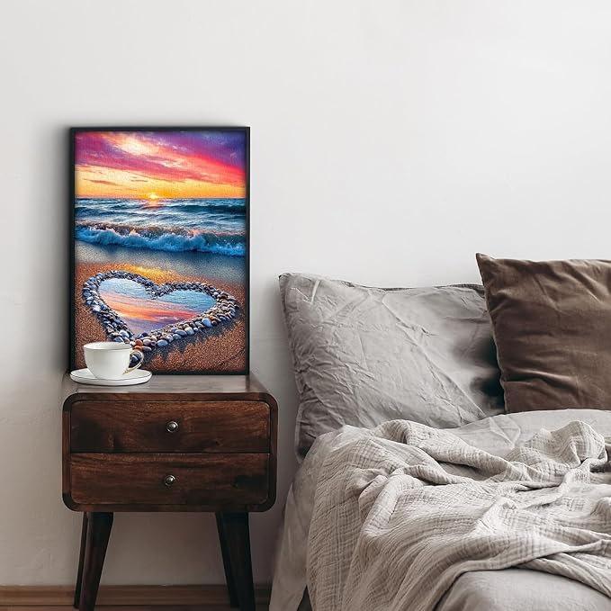 Beach Puzzles for Adults 1000 Pieces, Ocean Sunset Heart Jigsaw Puzzle, Colorful Marine Love Puzzle