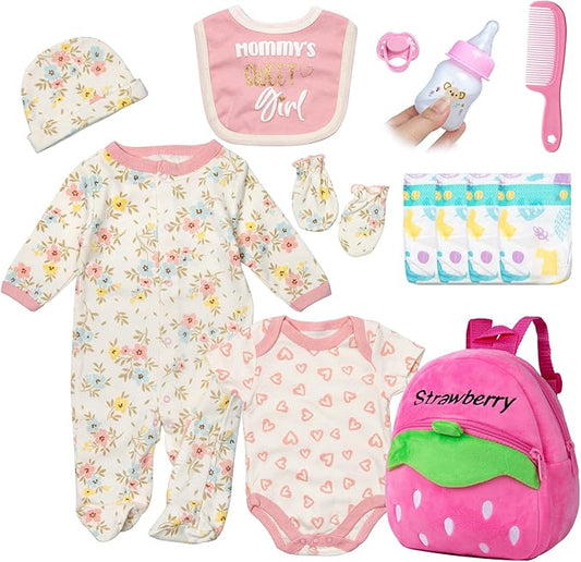 Reborn Baby Dolls Clothes Outfit Accessories Pink Floral Prints 13 Pcs Set for 17-22 Inch Reborn Dolls Newborn Girl with Pink Strawberry Backpack Diaper