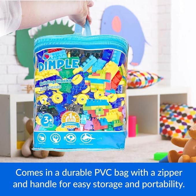 Dimple Large Building Blocks for Toddlers/Kids (600 Piece) Stackable, Multi-Colored, Interlocking Toys Safe, Non-Toxic Plastic Bright Colors, Waterproof Boys, Girls Age 3 for Kids