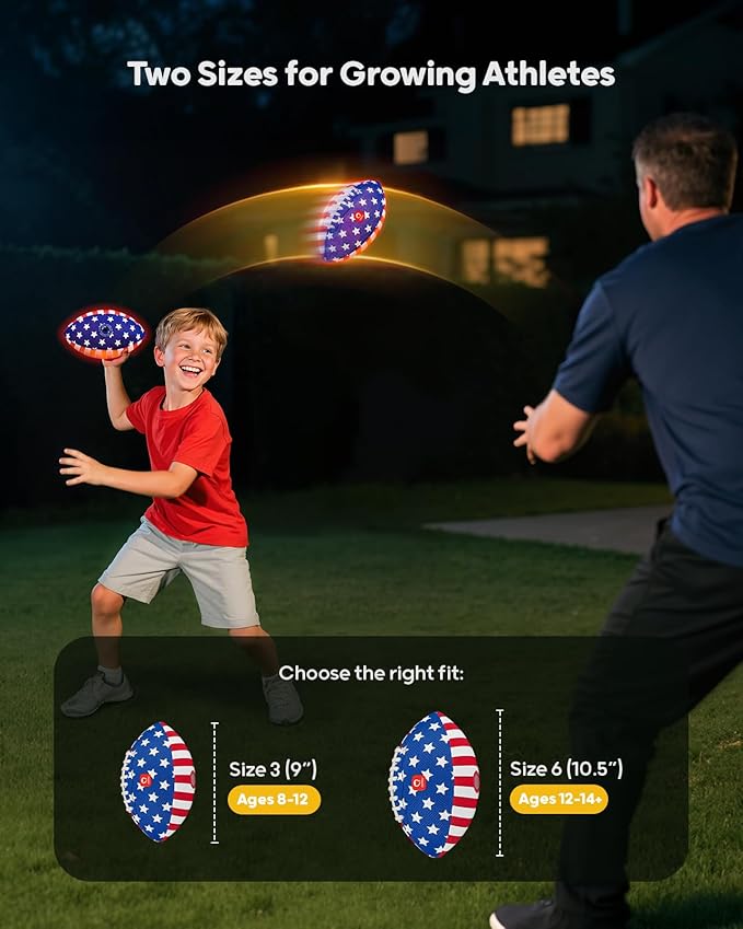 QPAU 9" Glow in The Dark Football (Size 3, 1 Pack), Light Up Youth Football with Pump & Batteries, Outdoor Toys & Games for Boys Girls, Birthday Gifts for Kids and Teens