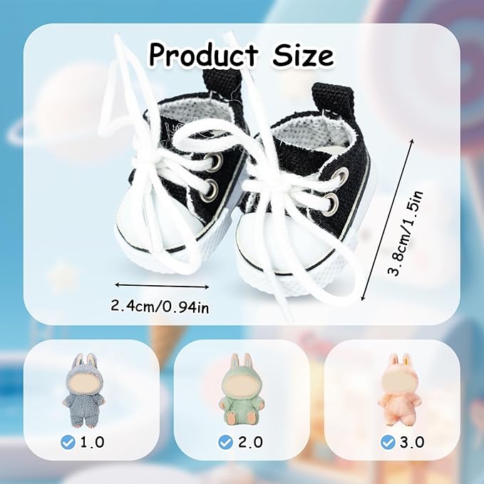 Mini Doll Shoes, 1 Pair Cute Lace Up Canvas Sneakers Compatible for 17cm/15cm Doll Shoes Toy Outfit Accessories (Black)
