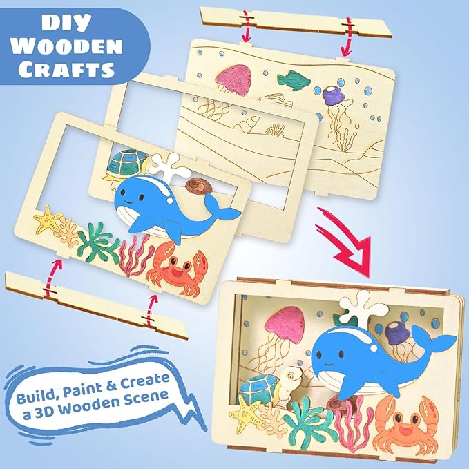 Vileafy 3D Wooden Painting Craft Kits for Kids 4-8 – DIY Arts & Crafts with Dinosaur, Ocean & Jungle Animals – Includes Individual Paints & Brushes for Party Favors and Easter Gifts(3)