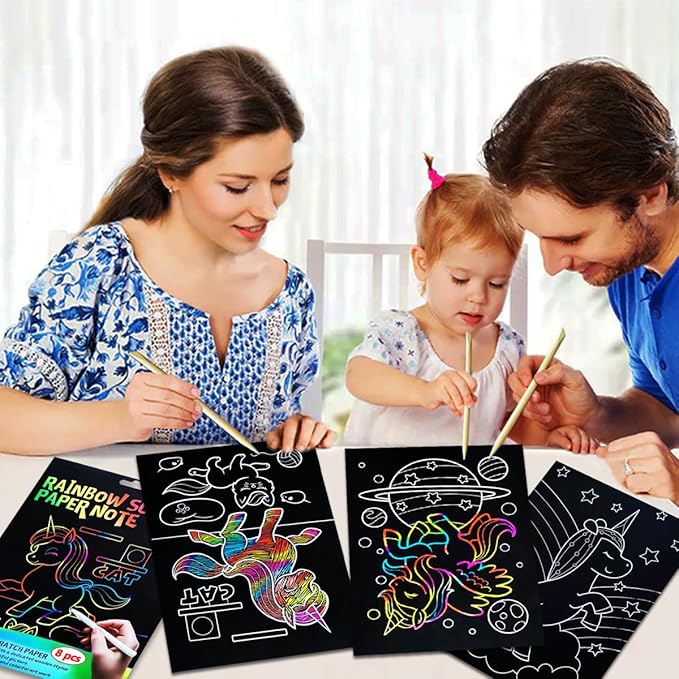 JUNQIU Scratch Art for Kids, Rainbow Scratch Paper Art Set - Unicorn, Arts and Crafts for Girls Boys Ages 4-8, Kid Activity & Christmas Crafts, Stocking Stuffers for Kids