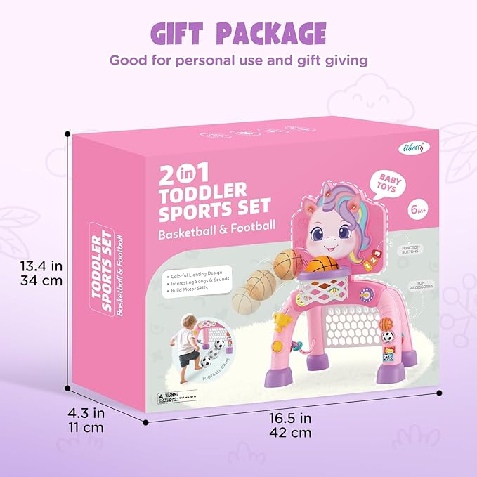 Liberry Toddler Basketball Hoop & Soccer Goal for 1 2 3 Year Old Girls Boys, Kids Sports Toy with Lights Sounds Music, Interactive Christmas Birthday Gift for Baby, Pink