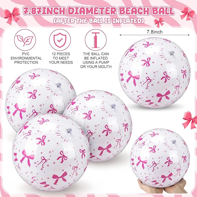 Civaner 12 Pcs Pink Bow Beach Ball 7.87 Inches Inflatable Beach Ball for Bow Party Favors Summer Swimming Pool and Beaches Game Coquette Gifts for Pink Themed Birthday Party
