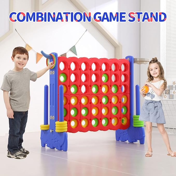 UNICOO Giant 4-in-a-Row Game with Carry Bag, 3-in-1 Jumbo 4-to-Score Outdoor Yard Game with Basketball Hoop, Ring Toss, Quick-Release Slider, 42 Rings, Family Party Game for Kids & Adults