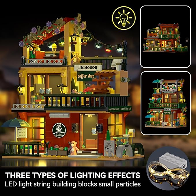 3 in 1 Street View Coffee Shop City Building Set, Compatible with City House Modular Simulation Architecture Construction Toy with LED Lights, Gift for Adults and Girls Kids Aged 8+(875 PCS)