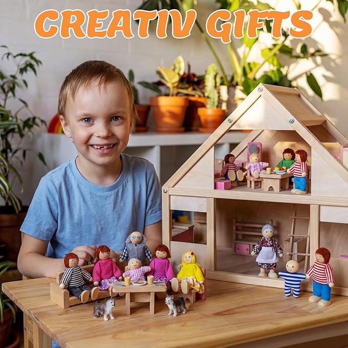 Skylety 20 Pcs Wooden Dollhouse Family Set of 16 Mini People Figures and 4 Pets, Wooden Dollhouse Dolls Cosplay Family Figures Accessories for Pretend Toy(Traditional Style)