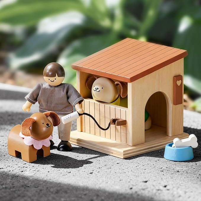 Tiny Land Wooden Dollhouse Animal Set for Toddlers, Dollhouse Accessories & Dolls House Furniture Sets for Toddlers, Montessori Pretend Play Family Pets Set Toys, Gift for Kids Age 3+