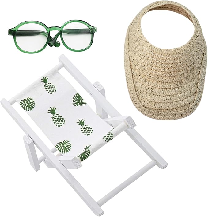Doll Accessories Compatible with Labubu, 15cm/17cm Dollhouse Furniture,Mini Wooden Folding Beach Sunbath Chair with Sunglasses & Straw Hat,No Doll