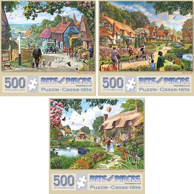 Bits and Pieces – Value Set of Three Large 500 Piece Jigsaw Puzzles for Adults – Rural Countryside Jigsaw Puzzles by Artist Steve Crisp, Completed Puzzle Size: 18" x 24"