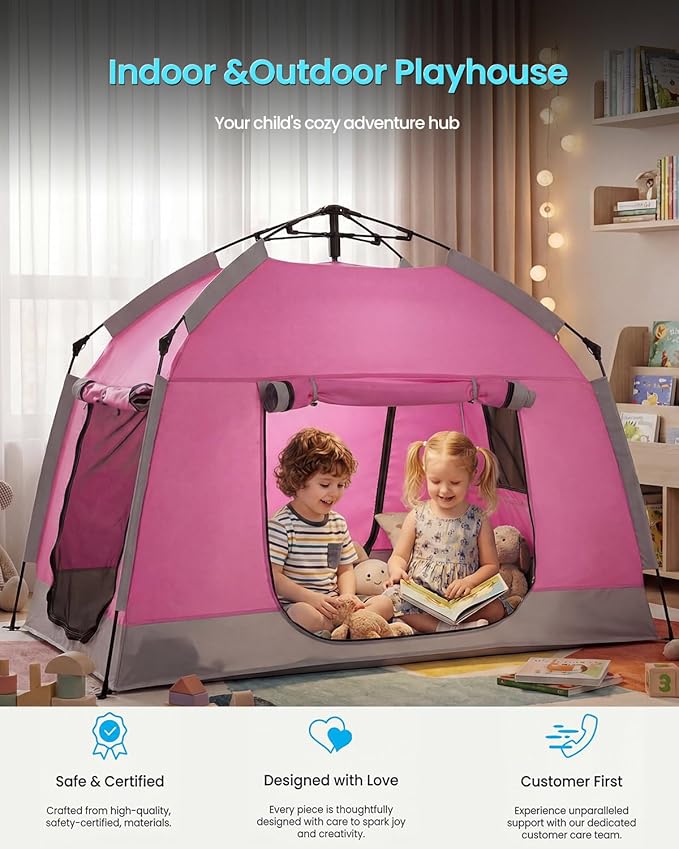 Kids Play Tent-Portable Playhouse Children House -Easy Set up Indoor Outdoor with Carry Bag for Kids-Light Strip Design for Night use -Space for Children and Parents-Birthday