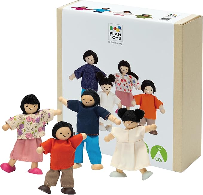 PlanToys® Family Wooden Dollhouse Figurine Set | 4 Poseable 1:12 Scale Mini Dolls (Parents & Kids) | Dollhouse Accessories for Pretend Play | Eco-Friendly Montessori Toy for Kids Ages 3+