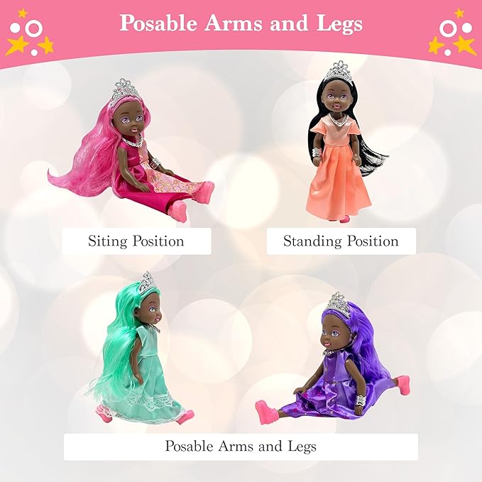 Little Dolls Set with Mini Princess Dolls for Girls – Princess Toy Dolls for Dollhouse –Small Doll Mini Princess Figures with Tiaras, Hair Accessories