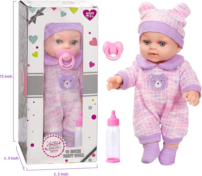 XFEYUE 12'' Baby Doll with Bear Pattern Backpack in Gift Box,Including Clothes Accessories, Backpack, Baby Bottle, Pacifier, Hat, Socks, and Handkerchief for 3+ Child Girls Gifts