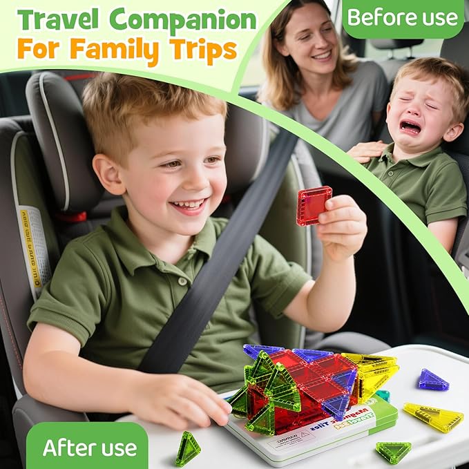Mini Magnetic Tiles - 26PCS Travel Magnetic Building Set with Storage Iron Box, STEM Educational Toys for Kids Ages 3+ Portable Construction Toys for Toddlers Boys & Girls