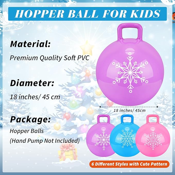 Sratte 3pcs 18 Inch Bouncy Hopper Ball with Handle Christmas Snowflake Bouncing Balls Blue Purple Pink Hopping Toys Inflatable Jumping Toy for Sport Boys Girls Gifts Winter Party Favors