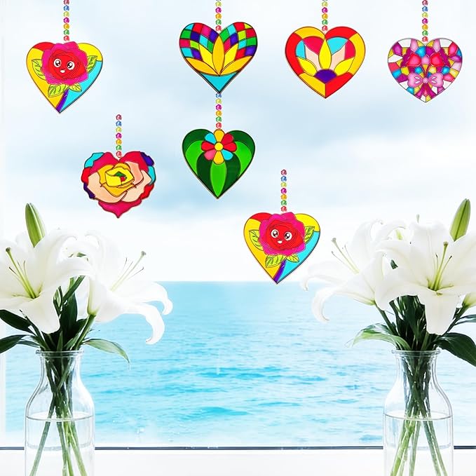 Ayhuhra 30 Sets Valentine's Day Suncatcher Craft Flowers Heart Suncatchers Glow in The Dark Valentines DIY Window Paint Art Suncatchers for Valentine Gift Exchange Mother's Day Art Craft Supplies