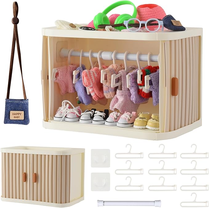 Foldable Doll Wardrobe Closet for Labubu Clothing - Double Sliding Door Stackable Storage Box for 4-7 Inch Doll Clothes, Large Capacity Doll Clothes Organizer with 10 Hangers & Rod (Gray)
