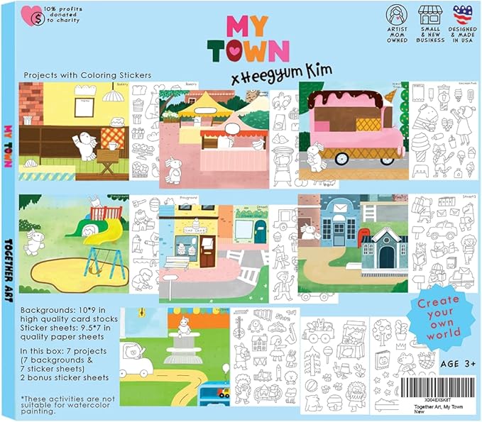 Together Art My Town Color Your Own Storytelling Sticker Kit - Hand-Drawn Scenes & Coloring Your Own Stickers - DIY Arts & Crafts Gift for Kids 4-10 - Designed, Partially Produced & Assembled in USA