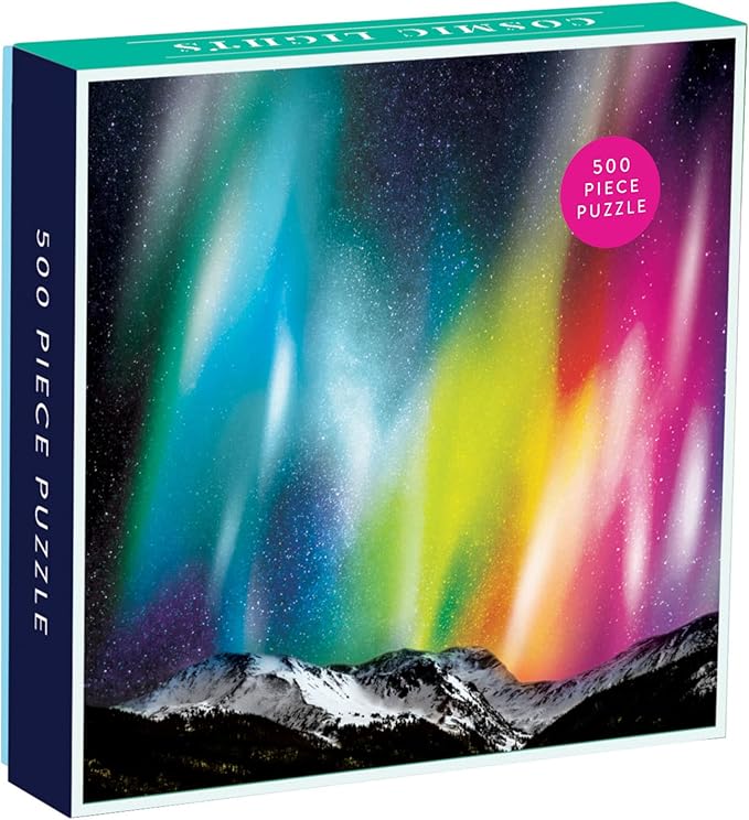 Galison Cosmic Lights 500 Piece Jigsaw Puzzle for Families and Adults, Outer Space Family Puzzle with Rainbow Aurora and Mountain Backdrop, White