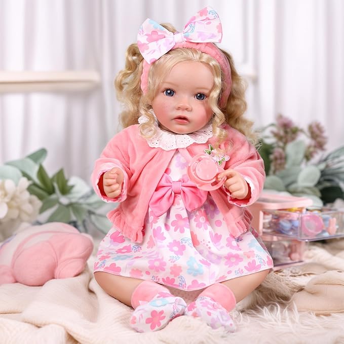 BABESIDE 5-Piece Reborn Baby Doll Clothes Set Fits 17-22 Inch Dolls with Floral Dress, Headband, Coat, Baby Doll Reusable Diaper and Socks,Pretend Play Accessories for Ages 3+