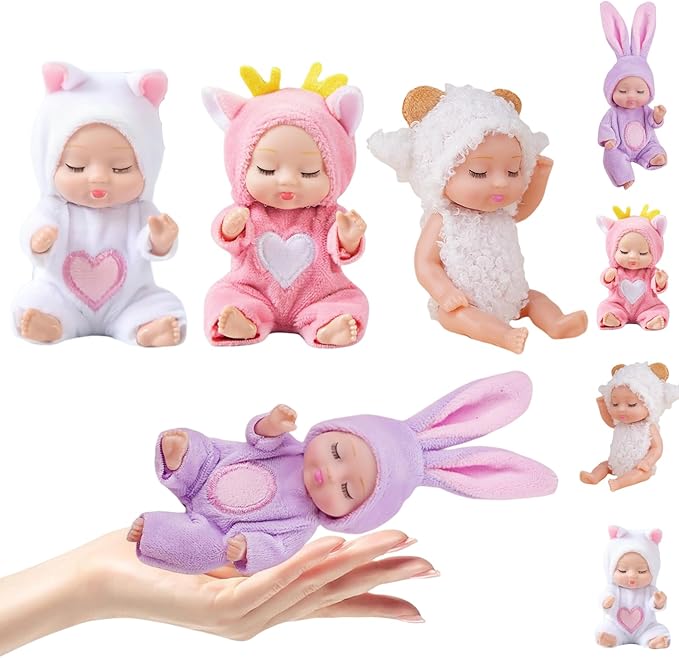 4 Pcs Mini 4 Inch Animal Clothes for Pretend Play Birthday Gift, Collection（Dolls F）