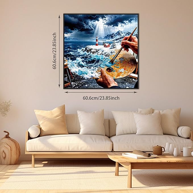 1024-Piece Jigsaw Puzzle for Adults, 3D Surreal Lighthouse Coastal Painting, Family Impossible Ocean Puzzle Wall Decor & Gift for Art & Ocean Lovers, 23.86 x 23.86 Inches