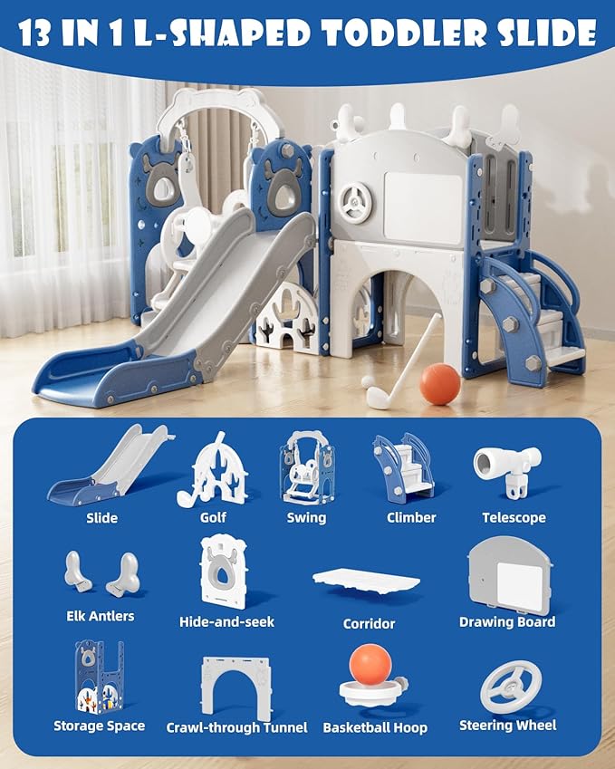XJD 13-in-1 Toddler Slide and Swing Set, Kids Slide for Toddlers Age 1+, Toddler Outdoor Playset New Upgrade with Golf Set, Basketball Hoop, Drawing Board for Playground (Blue White)