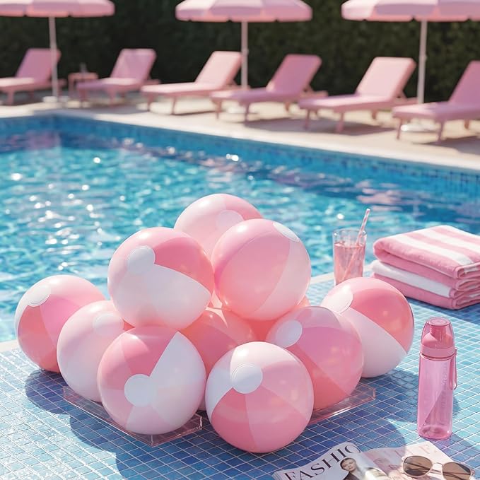 Realspring 12 Pcs Pastel Inflatable Beach Balls Kids Bulk Stripe Jumbo Big Beach Balls Pool Floating Toy for Adult Water Game Baby Shower Birthday Summer Swimming Party (Pink and White,12.5 Inch)